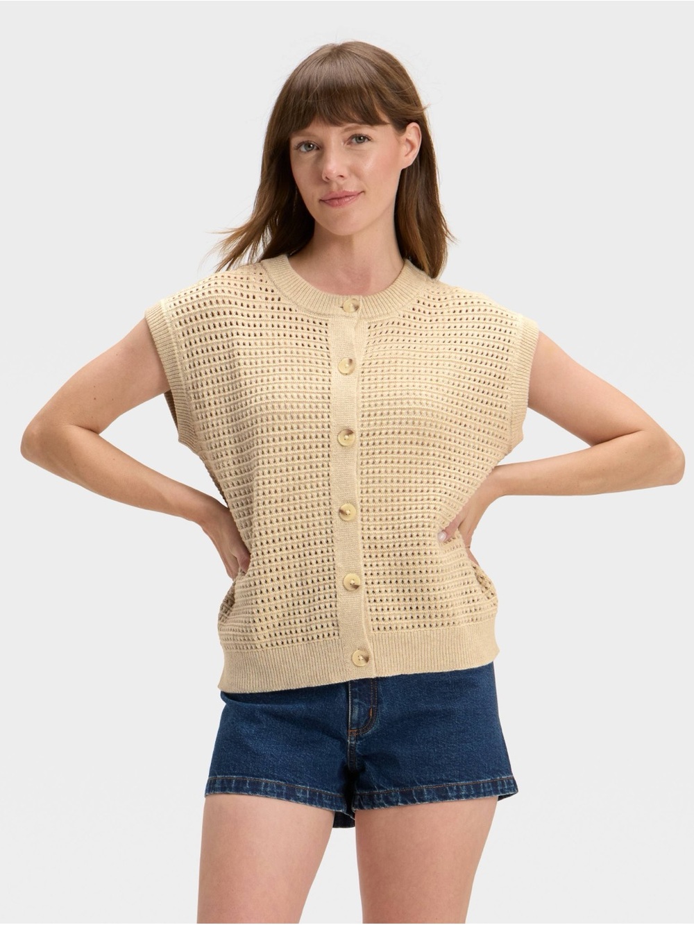 Universal Thread Beige Crochet Button-Front Sleeveless Cardigan blouse